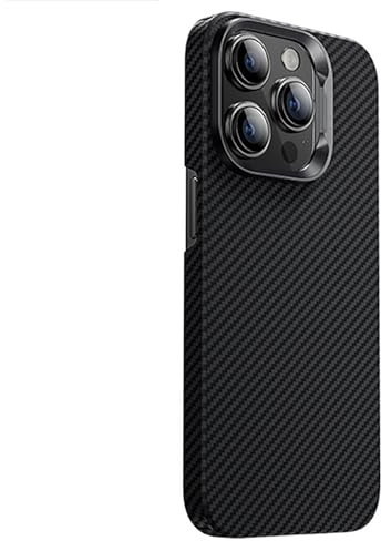 HBYLEE Funda magnética para iPhone 15 Pro Max/15 Pro/15 Plus/15, ultra fina de lujo de fibra de carbono auténtica funda para teléfono móvil, funda de metal para objetivo de cámara, negro 2,15Plus
