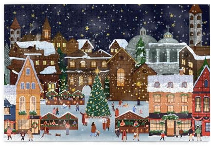 Colorful Christmas Merriments in The City at Night 1000 Piece Wooden Puzzles for Adults， Christmas Tree Snowy Puzzle，Merry Christmas Jigsaw Puzzles，Christmas Vacation Puzzle 1000 Pieces for Adults