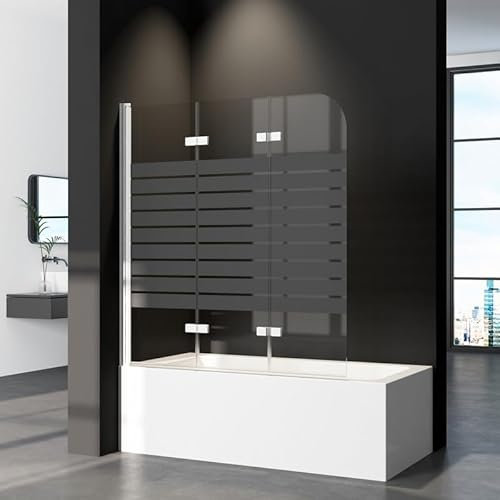 Duschwand für Badewanne 120 x 140 cm 3-teilig Faltbar, Duschabtrennung mit Schwarz Gestreift Badewannenaufsatz aus 6mm ESG Sicherheitsglas, 120cm Duschtrennwand Badewannenwand in Weiß Alu