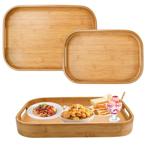 EUIEUT 2 Stk Tablett Bambus Serviertablett Frühstückstablett mit Griffen Bambus Essen Tablett Rechteckig Holztablett Bambustablett Küchentablett Serving Tray Ideal zum Tragen von Speisen und Getränken
