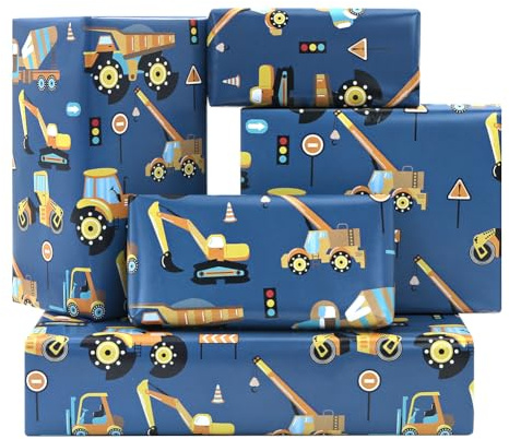 6 Blatt Bagger Traktor Muldenkipper Bulldozer Mixer Kipper Fahrzeuge Muster Straße im Bau Blau Geschenkpapier für Kinder Jungen kleine Baumeister Geburtstag Party - flach gefaltet 50 x 70 cm Blau