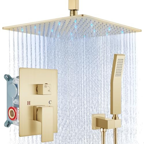 Aolemi Ceiling Mount Shower Faucet Set with Hand Shower, High Pressure Shower Faucet Sets, Complete Coarse Valve and Shower Panel System, Includes Rainfall, Brushed Gold, 16 LED Shower Head