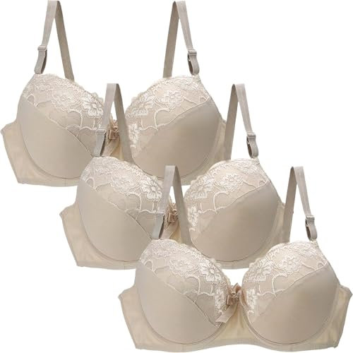 Womens Bra Set 3-Pack Ladies Full Cup Lace Underwired Bra - Plus Size Bras for Women UK Sexy Bra with Adjustable Straps Comfort Non Wired Push Up Bras Everyday Bras Buttery Soft Rose Gold