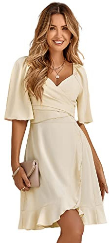 HEYPORK Damen Frühling Sommer Rock Bequem Lässig Kleider Mode Elegant Röcke Frauen V-Ausschnitt Einfarbig Taille Verkleinernde Rüsche Kleid(A Aprikose, M)