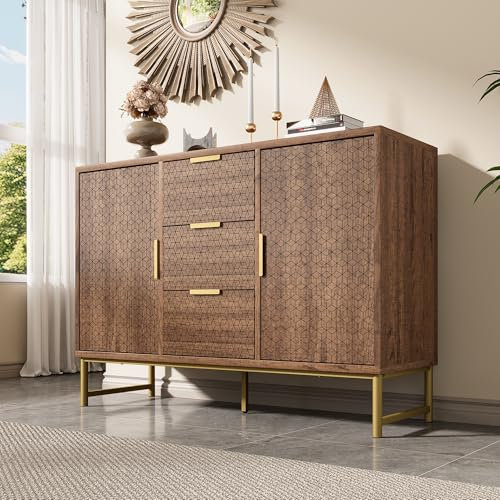 Queta Geprägte Struktur-Kommode, Sideboard mit Metallgriffen, Kommode mit 3 Schubladen und 2 Türen, verstellbare Fächer, kippsicher, 120 x 40 x 75 cm, Nussbaum