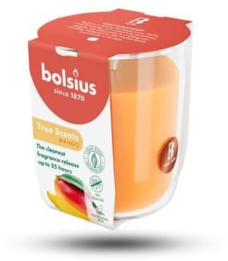 Bolsius Mango-Duftkerze im Glas, vegan, natürlich und rein, ohne Palmöl, 25 Stunden Brenndauer, Gelb, 80 mm/73 mm