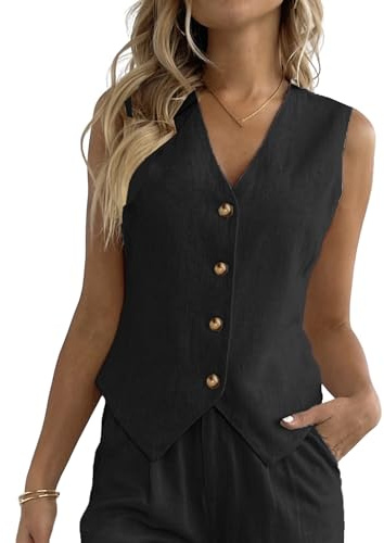 Fakanhui Linneväst för kvinnor V-ringad Button Down Affärsarbete Semester Ärmlös Blazer Väst Jacka, Svart, XS