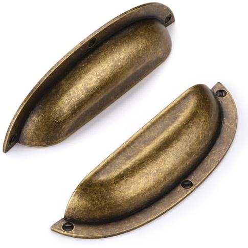 SYZOW 6 Pack Shell Cup Handles, Vintage Drawer Pull Handles, Semi Circle Retro Solid 64mm Hole Center Cabinet Handles for Drawer,Cupboard, Dresser (6, Antique Brass, Hole Center 96mm)