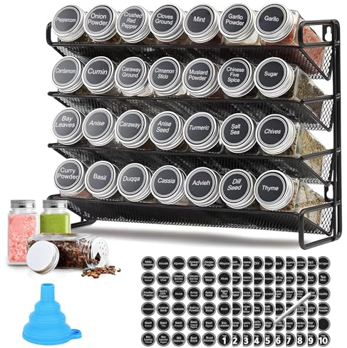 FORNORM 4-Tier Spice Rack Organiser with 28 Spice Jars, Black Metal Storage Stand, Wall-Mountable Kitchen Cupboard Shelf Spice Storage Tilted Design (Spice Rack + 28 jars)