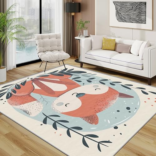 TerroVee Fuchs Teppich Waschbar, Cartoon Wald Tiere Teppich 80x150 cm, Niedlich Kinderzimmer rutschfest Waschbar Pflegeleicht Teppiche Für Schlafzimmer Küche, Orange-Rot Beige