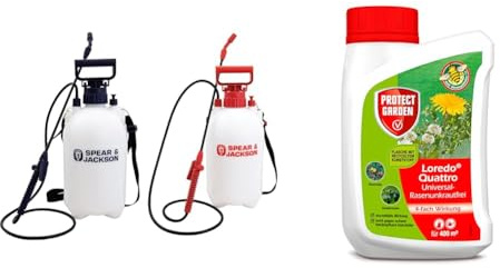 Spear & Jackson Drucksprüher, 5 l, Doppelpack+Protect Garden Universal-Rasenunkrautfrei Loredo Quattro Rasen-Unkrautvernichter gegen hartnäckige Unkräuter mit 4-Fach Wirkung, 400 ml