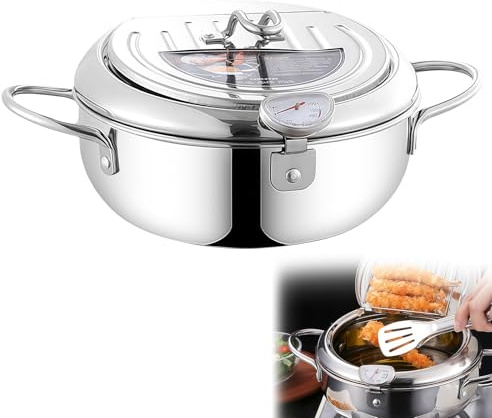 Olla para freír en estilo japonés: olla de acero inoxidable 304 con colador, olla de 2,2 L con termómetro, superficie pulida con espejo, freidora Tempura para patatas fritas, alitas de pollo y gambas