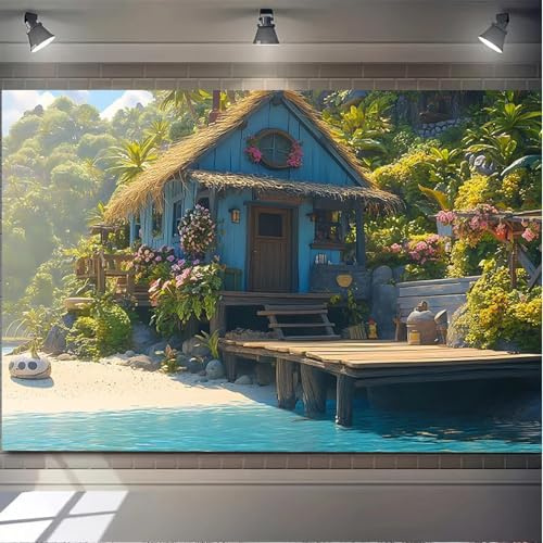1 Tropische Blaue Kabine am Meer Banner - lebendige Küstenlandschaft und Grün Blume Home Decoration
