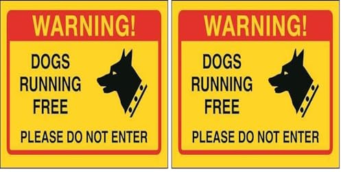 V Safety Dogs Running Free, Please Do Not Enter Sign - 200mm x 150mm - 1mm Yellow Rigid Plastic (Pack of 2)