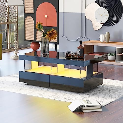 okwish Couchtisch für Wohnzimmer Holztisch Moderner Sofatisch, Schwarz Glanz Kaffeetisch mit LED-Leuchten und 2 Schubladen Lagerung für Zuhause 100 * 60 * 49.5cm