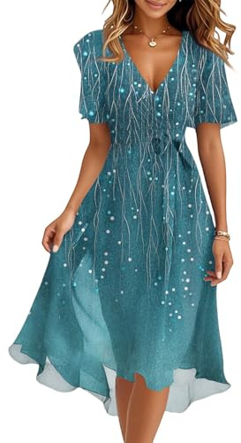 Wedding Guest Dresses for Women UK Elegant Short Sleeve V Neck Wrap Dress Summer A Line Evening Party Outfits