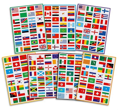 UKCOCO 196 World Flags Stickers 7 Sheets 11.8x8.3in Waterproof PVC – Peel & Stick Country Decals for Face, Laptops, Scrapbooks, Football Parties, School Projects