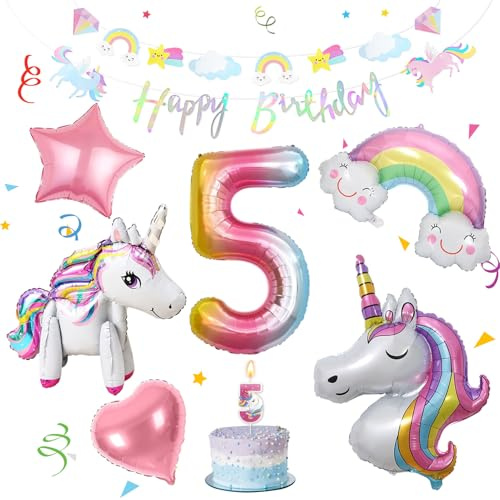 Einhorn Luftballons Set für 5 Jahre, Einhorn Deko Kindergeburtstag | Folienballon Zahl 5, Stehendem Einhorn, Einhornkopf, Herz, Stern & Regenbogen, mit Girlande & Kerze, für Geburtstagdeko