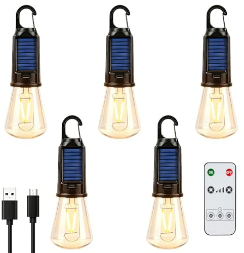 5 Stück LED Campinglampe Aufladbar - Tragbare Campinglampe mit Karabiner, Solar Camping Lampe, 3 Helligkeitsmodi Zeltlampe, Aufladbare Glühbirne mit Fernbedienung für Camping, Notfall, Stromausfall