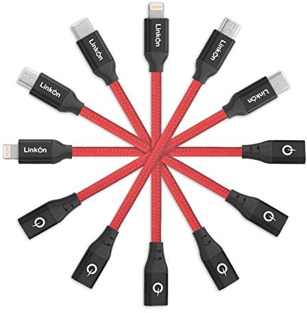 LinkOn Adaptadores USB 6 en 1 Universales Cable de 10cm con Conectores para convertir Todos los estándares con Opciones de Carga y USB Tipo C, Micro y Todos los Otros Dispositivos (Rojo)