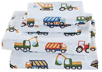 Fancy Linen Bettwäsche-Set für Kinderbett, flaches Spannbetttuch und Kissenbezug, für Jungen/Mädchen, mehrfarbig, Bauzone, Bagger, Muldenkipper, Traktoren, Hellblau, Rot, Gelb, Dunkelblau