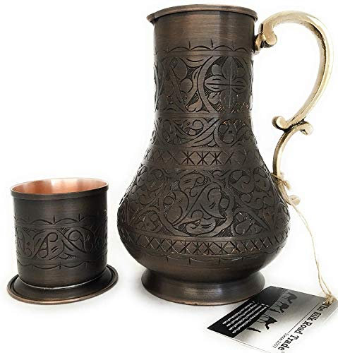 The Silk Road Trade,KS Series 2019-2 Kupfer-Krug und Becher-Set mit Deckel, Moskau-Maules-Wasserkrug, Eistee und Saftgetränke, Schreibtisch, Ayurvedische Heilung, 35 ml Engraved-Antique Copper