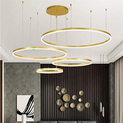 JINWELL LED Pendelleuchte Esstischlampe Pendellampe Wohnzimmerlampe Dimmbar Hängelampe Modern Kronleuchter Rund Ring Leuchten Aluminium Acryl Deckenleuchte 120W Gold 4laps 40+60+80+100cm