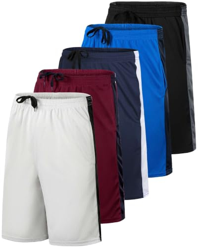 Real Essentials 5er-Pack: Herren-Shorts aus Netzstoff, 22,9 cm, sportliche Trainingsshorts für Fitness, Basketball, Laufen und Freizeit, mit Taschen