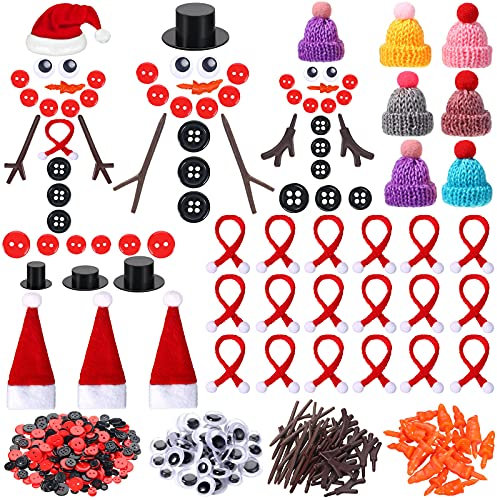 Aoriher 450 Stücke Weihnachten Schneemann DIY Bastelset Enthalten Mini Hüte Kunststoff Augen Karotten Nasen Zweige Hände Winzig Schwarz Rot Knöpfe Gestrickte Schals für Weihnachten Schneemann DIY