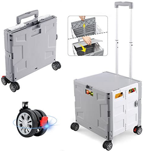 Folding Utility Cart Chariot de magasinage Pliable avec Pliage Couverte Couverte Pliable résistant à 360 ° Route de Rotation et poignée réglable Chariot Durable pour Les achats de Voyage(Gray&White)