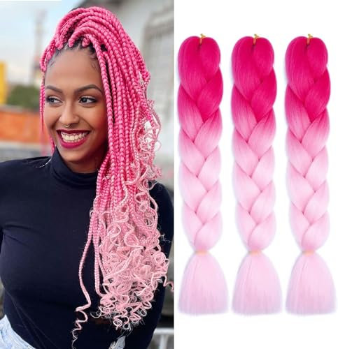 PORSMEER 24 Pouces Kanekalon Ombre Jumbo Cheveux Tressage Extensions,3 paquet de meches pour tresses africaine,Synthétique rajout cheveux tresses,rouge/rose