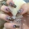 24PCS Long False Nails with Glue Stickers, Coffin Full Cover Acrylic Press on Nails no Glue,Gray Feather Bee French Fake Nails for Women and Girls Nail Art