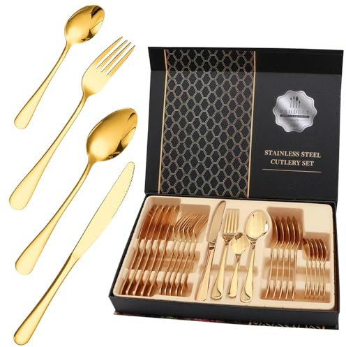 24 Pezzi Set di Posate, Posate in Acciaio Inossidabile Set Regalo, Coltello da Bistecca Forchetta Cucchiaio Set per Cucina Domestica Ristorante Matrimonio(Oro)