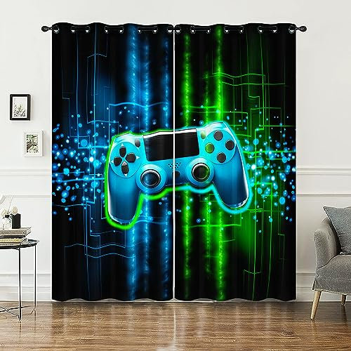 HOSIMA Gamepad-Vorhänge,Ösenvorhänge,Set mit 2 Vorhängen,Türkis,Cooler Gamepad-Druck,Vorhänge für Kinder,Teenagerzimmer,Vorhänge(Blaues Gamepad XL)