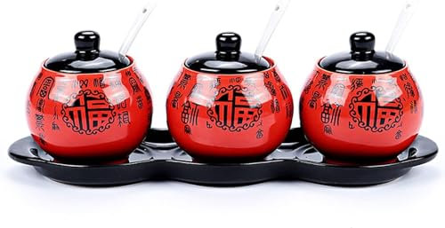Klauer Azucarero, recipientes for Especias, azucarero Chino con Tapa, Tarro de Almacenamiento Rojo, azucarero de Porcelana, salero, for cafetería, Restaurante-Rojo-3 Juegos