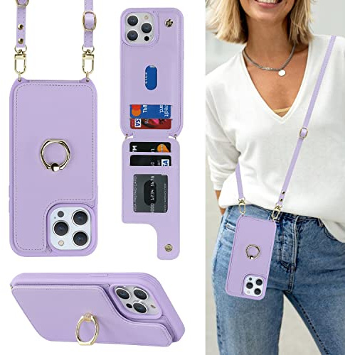 Cavor Phone Case compatible with iPhone 14 Pro With Card Holder With Lanyard Strap,Flip Leather Wallet Case,Ring Kickstand Shockproof Cover Case compatible with iPhone 14 Pro - Purple