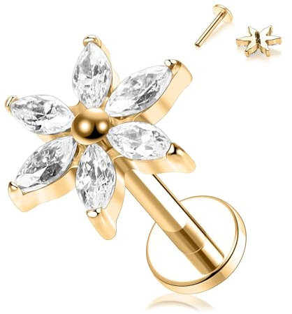 Titanium Labret Studs 16G Labret Jewellery Internally Threaded Flatback Earring Gold Labret Earrings with Flower CZ Lip Studs Tragus Piercing 6mm Monroe Medusa Helix Studs Lobe Cartilage Conch Studs