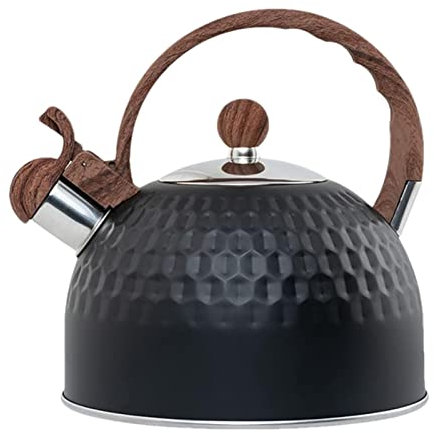 Bollitore da tè in acciaio inox con manico in legno, bollitore a fischio, stile vintage, per casa, cucina e tè all'aperto, nero