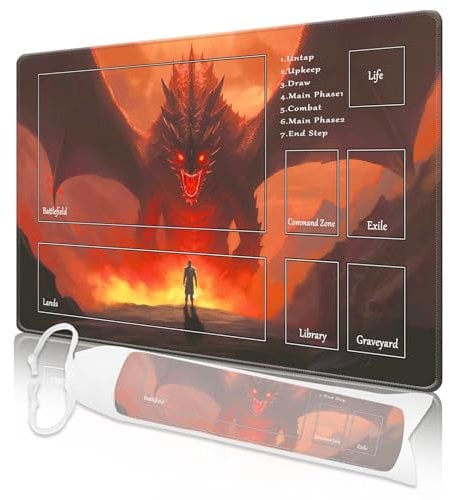 Nkddert MTG Playmat, Playmats for MTG TCG 24 x 14 Stitched Edges Play Mat with Free Storage Bag for Cards Game Play Waterproof Battle Board Game Fierce Dragon MTG Playmat with Zones