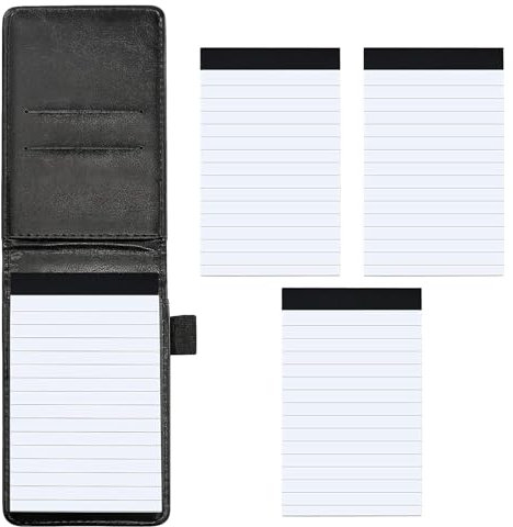 4 Pcs Small Pocket Notepad, Mini Notebook Set Includes 1 Black Leather Notebook 5.51x3.23inch with 50 Sheets of Lined Paper, 3 Replacement Notepad Memo Book Refills with 30 Lined Paper Per Note Pad