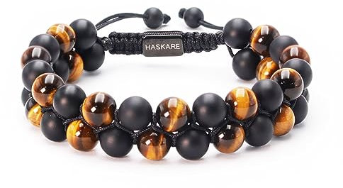 HASKARE Männer Armband Perlen, Handmade Herren Armband Steine Doppelt Schutz Tigerauge Perlenarmband mit Braun Onyx Armband Natürliches Stein Armbänder für Herren, Einzigartige Geschenk für Ihn