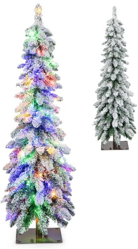 GYMAX 4FT/5FT Artificial Slim Xmas Tree, Flocked Christmas Tree with PVC Branch Tips, LED Lights, 2 Lighting Colors, Timer & 11 Modes, Xmas Decoration Tree, Includes a Pair of Gloves (4FT)