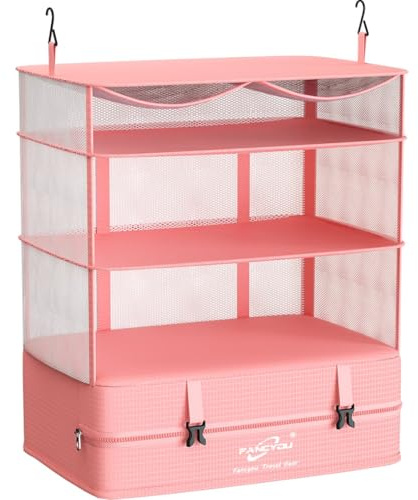 fancyou Organisateur de valise Cube d’emballage suspendu Étagères d’armoire portable Compressive Bagages de voyage essentiels 30x44x65cm 3 étagères et 1 armoire Organisateur extensible (rose)