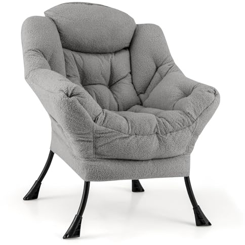 GIANTEX Fauteuil de Lecture Scandinave, Fauteuil Relax Salon Sherpa, Oreiller, Accoudoirs, Poche Latérale, Cadre Métallique, pour Salon, Chambre (sans Repose-Pieds, Gris)