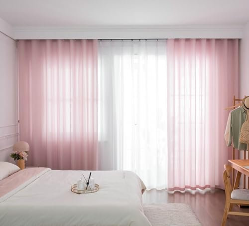 BCughia Vorhänge Ösen 2er Set, Vorhänge Lichtdurchlässig Einfarbig Streifen Wohnzimmer Vorhang Modern H 244 x B 102 cm, Rosa