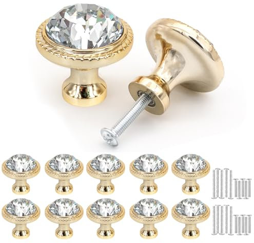 Misuyue Möbelknöpfe Vintage, Schick Kristall Schrankknöpfe, Kristallglas Schubladenknöpfe, 10 Stück 32mm Knöpfe für Schränke, Möbel, Küchenschränke, Kleiderschrank (Gold)
