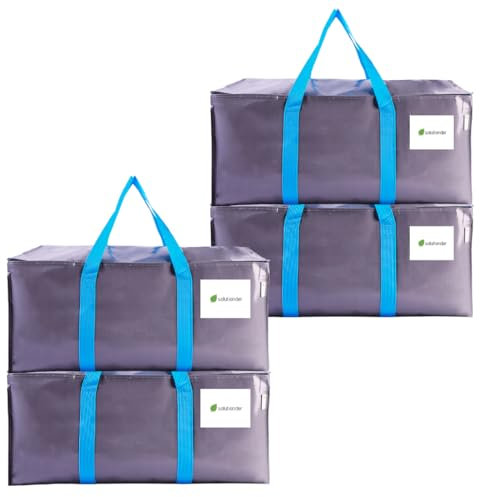 Pack of 4 Grey Heavy Duty Extra Large Moving Bags with Zipper & Handles – Reusable Foldable Storage Bags for Clothes, Laundry, Camping Gear, Toy & Blanket Storage – Waterproof Space Saving Organiser