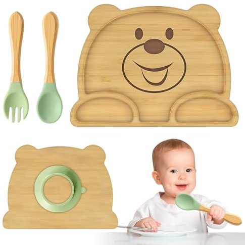 WIYETY Piatto per bambini in bambù con ventosa: piatto antiscivolo con cucchiaio e forchetta, pratico accessorio per alimenti per bambini, set di stoviglie per bambini, perfetto per la fase di