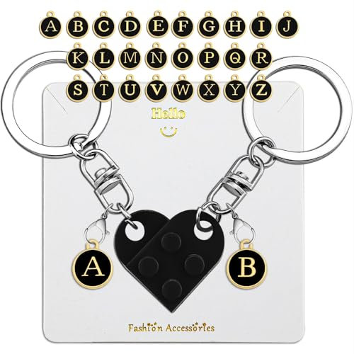 SIXDUTON 2 Stück Schlüsselanhänger Herz, Herzförmiger Baustein Anhänger Schlüsselanhänger Paar DIY Schlüsselring, Geschenk für Freund Freundin Valentinstag Jahrestag Geburtstag (Schwarz)