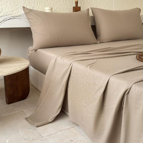 NSNLGSGC 100% Muslin Cotton Sheet Set Queen Size, 2-Layer Washed Cotton Gauze Linen Feel Like Bed Sheets, 4-Pieces Bed Linen Sheet Set with Deep Pocket(Tannish Linen Gray,Queen)